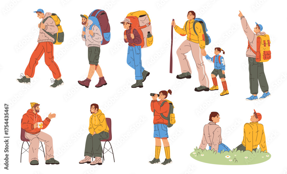 Fototapeta premium Hiking and camping people traveling and exploring nature. Vector in flat style, isolated men and women, father and kid walking on hilly and mountain landscapes. Summer hobby and activity lifestyle