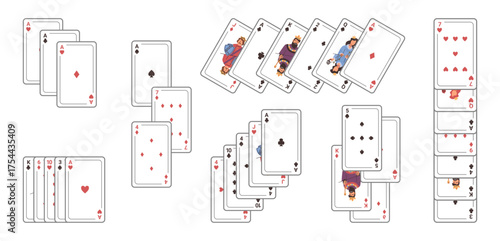 Different number and face cards layouts for gambling, specific combinations for winning. Vector open playing decks for poker or uno. Competition and social interaction. Sport and leisure