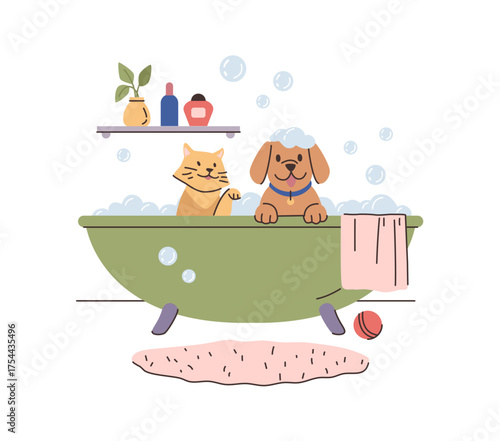 Dog and cat in bathtub with bubbles and soapy water. Vector puppy and housecat with wet fur and playful eyes siting and enjoying bath. Happy clean pets. Love and care for furry friends