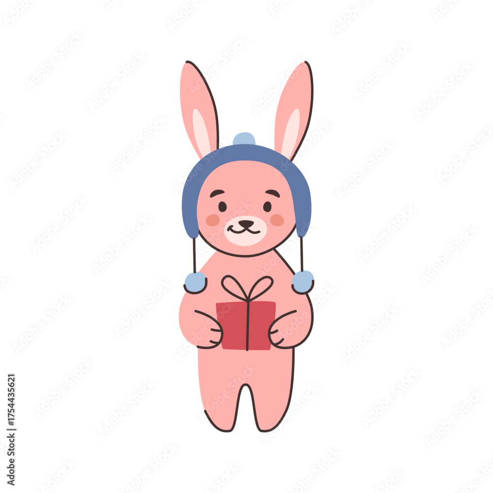 Obraz premium Cute Christmas personage, isolated rabbit with long ears wearing warm knitted hat holding present. Vector in flat style, bunny with giftbox, holiday celebration and festive mood. Kawaii animal