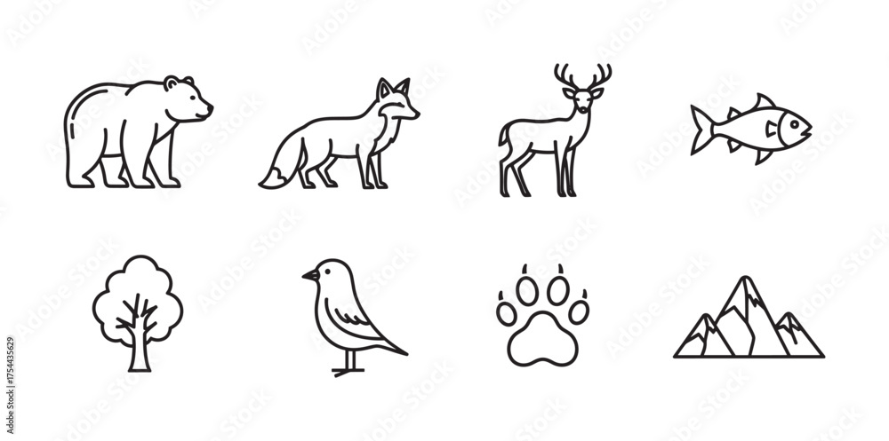 Fototapeta premium Black outline vector icons of various animals and nature elements, including a bear, fox, deer, fish, tree, bird, paw print, and mountains.