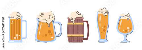 Beer from bar or pub in glasses and goblets, set of wheat or barley drink in special vessel. Vector frothy liquid poured into cup. Entertainment and relaxation. Alcoholic beverages assortment