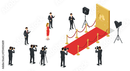 Celebrity event with photographers and red carpet in isometric style