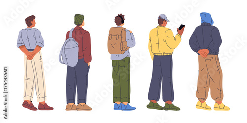 People waiting in line, queuing personages. Vector in flat style, isolated character men teenagers standing still or talking on phones. Guys wearing casual clothes, carrying backpacks on shoulders