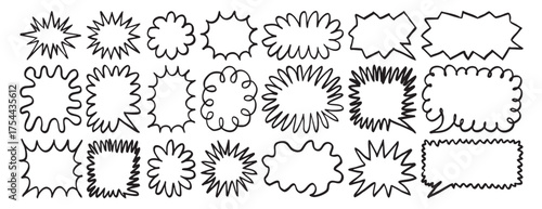 Colored doodle speech bubbles outline and bubble shapes, round, oval and rectangular speech bubbles with black stroke. Creative stars colorful.