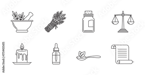 Black outline icons showcasing herbal medicine tools and ingredients, including a mortar, herbal bundle, spice jar, scales, candle, dropper bottle, spoon, and scroll.