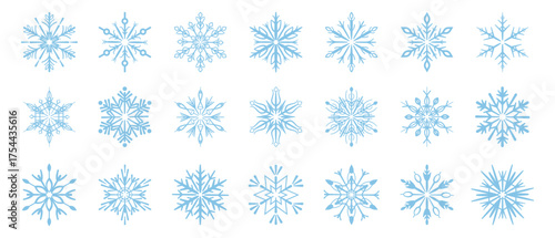 Crystal snowflakes with different ornaments. Vector in flat style, isolated set of stylized frozen water patterns. Ornamental snow flakes with carious rounded shapes. Winter weather decor