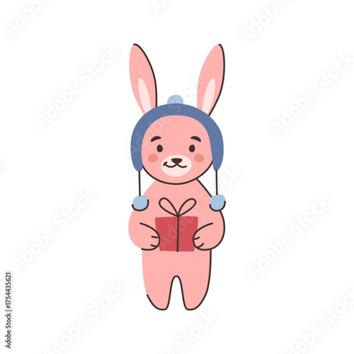 Cute Christmas personage, isolated rabbit with long ears wearing warm knitted hat holding present. Vector in flat style, bunny with giftbox, holiday celebration and festive mood. Kawaii animal