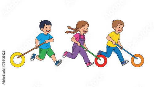 Childhood Games: Three joyful kids race in a vibrant game, skillfully maneuvering their hoops with sticks, exuding pure delight and energetic enthusiasm.