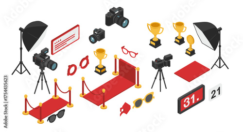 Professional photography studio setup with lighting equipment in isometric style