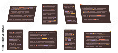 Programming and coding, isolated set of screens with computer language symbols. Vector developing software or game. Information technologies, engineering and quality assurance services