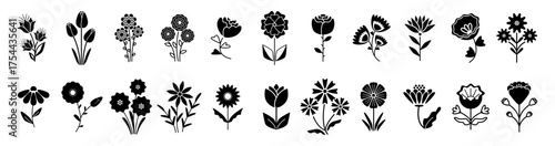 Flourishing garden and meadow flowers with twigs and leaves. Vector set of flowerets with branches and leafages. Blossom and blooming. Daisies and cornflowers, roses and tulips, dahlias and zinnias