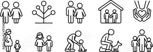 Family love and care line icons, parenting and relationship concept, happy home and togetherness vector illustration for social design