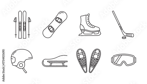 Black outline icons depicting various winter sports equipment, including skis, snowboard, ice skates, hockey stick, helmet, sled, snowshoes, and goggles.
