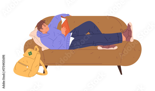 Male character student reading book lying on sofa at home. Vector in flat style, isolated personage reader, leisure time and activities for recreation. School assignment or task, literature knowledge