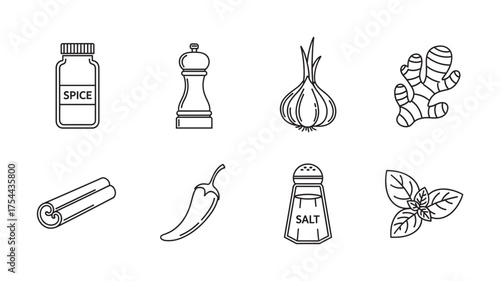 Black outline icons of various spices including a spice jar, pepper shaker, onion, ginger, cinnamon stick, chili pepper, salt shaker, and basil leaves.