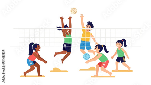 Volleyball Game at the Beach: Dynamic illustration captures a lively volleyball match in progress, with a group of energetic players in motion, set against a coastal backdrop and a simple net.