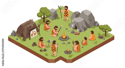 Modern isometric office workspace with double desks and office supplies