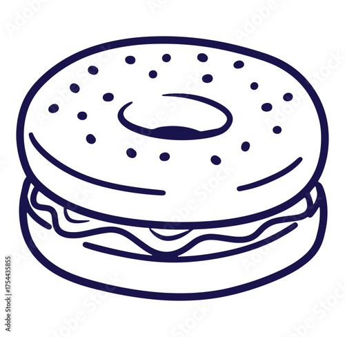 Hand drawn illustration of a cream cheese bagel with poppy seeds perfect for menus