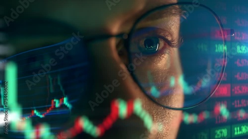 Trader wearing glasses is working on laptop computer. Screen with stock market charts and Bitcoin BTC or Ethereum ETH data analysis reflection. Broker trading online. Altcoins crypto currency trading