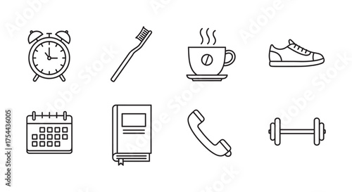Set of eight black outline icons showing an alarm clock, toothbrush, steaming coffee cup, sneaker, calendar, book, telephone, and dumbbell for daily activities.