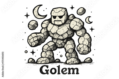 Golem with Moons. Hand-drawn golem with moons, rocks, and sparkles, center word “Golem” in black and white isolated transparent