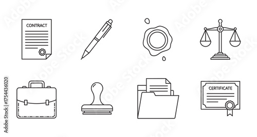 Black outline icons of a contract, pen, wax seal, scales of justice, briefcase, stamp, file folder, and certificate, representing legal and office concepts.