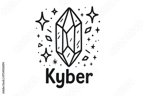 Kyber Crystal Doodle. Doodle kyber crystal with stars, shards, and sparkles, center word “Kyber” in black and white isolated