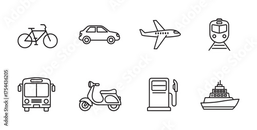 Black outline icons of various transportation modes including a bicycle, car, airplane, train, bus, scooter, gas pump, and ship.