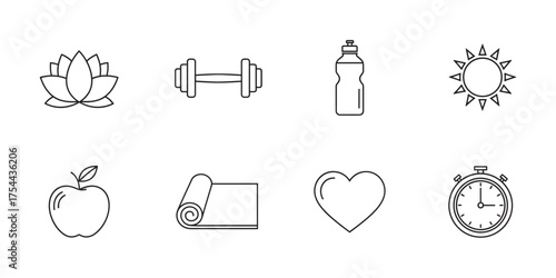 Simple black outline icons representing a lotus flower, dumbbell, water bottle, sun, apple, yoga mat, heart, and stopwatch, symbolizing health and fitness.
