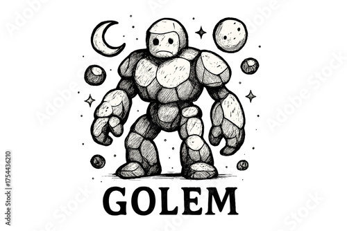 Golem with Moons. Hand-drawn golem with moons, rocks, and sparkles, center word “Golem” in black and white isolated transparent