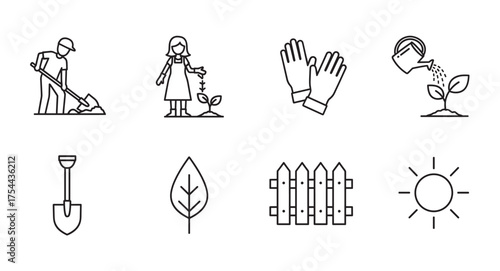 Black outline vector icons of a gardener digging, a woman planting a seedling, gardening gloves, a watering can, a shovel, a leaf, a picket fence, and a sun symbol.