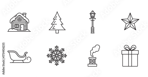 Eight black outline icons depicting a winter theme, including a cabin, tree, street lamp, star, sleigh, snowflake, chimney, and gift box.