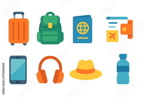 Travel and tourism flat icon set. Vacation, essentials, planning icons collection