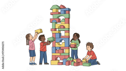 Teamwork Building Blocks: A group of children collaborate to construct a towering structure of vibrant blocks, showcasing the joy of cooperation and the power of imagination.
