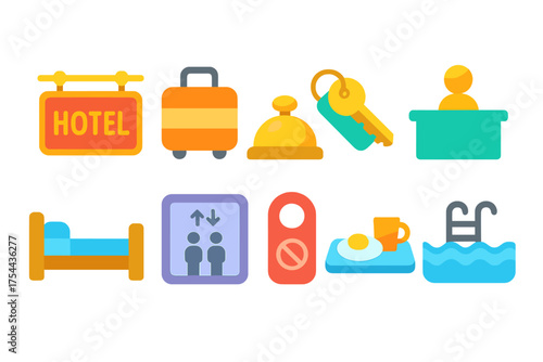 Hotel and hospitality flat icon set. Accommodation, booking, travel flat icons collection