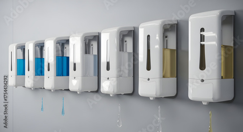 Neat Row of Soap Dispensers with Various Levels of Liquid Soap & Color, Wall Mounted