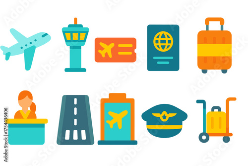 Travel and tourism flat icon set for vacation planning and airport essentials
