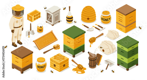 Beekeeping essentials: flat design collection of equipment, tools, and honey products