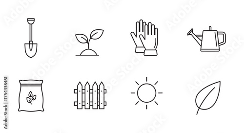 Black outline icons depicting gardening tools including a shovel, sprouting plant, gloves, watering can, seed bag, picket fence, sun, and a leaf.