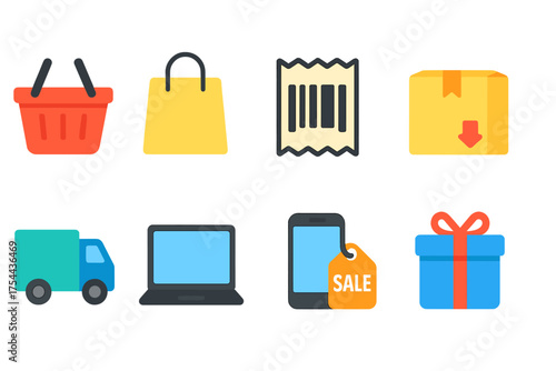 E-commerce, shopping flat icon set. Online store, delivery and electronics symbols.