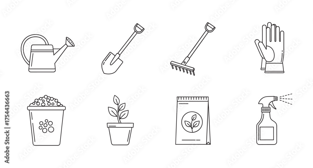 Obraz premium Black outline icons representing various gardening tools and supplies, including a watering can, shovel, rake, gloves, soil, potted plant, fertilizer, and spray bottle.
