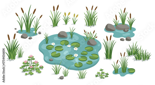 Isometric kitchenware collection with pots, pans, and utensils on white background