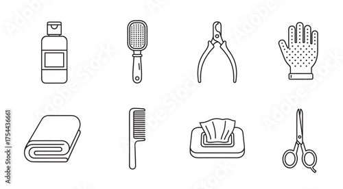 Eight black outline icons of personal hygiene and grooming items, including shampoo, hairbrush, nail clipper, exfoliating glove, towel, comb, tissues, and scissors.