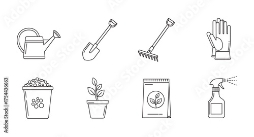 Black outline icons representing various gardening tools and supplies, including a watering can, shovel, rake, gloves, soil, potted plant, fertilizer, and spray bottle.