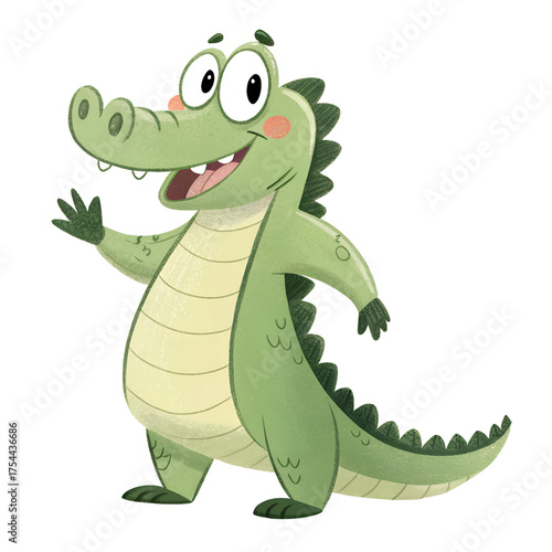 A cartoon alligator with sunglasses waving its hand on a black background in a friendly manner