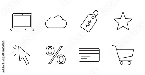 Black outline vector icons of laptop, cloud, price tag, star, cursor, percentage, credit card, and shopping cart representing digital and retail concepts.