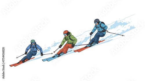 Skiers Carving Through Snow: Capturing the dynamic action of skiers carving through fresh snow, illustrating the thrill of winter sports and outdoor adventure.
