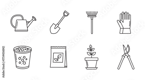 Black outline vector icons of gardening tools including a watering can, shovel, rake, gloves, pot, seed packet, potted plant, and pruning shears.