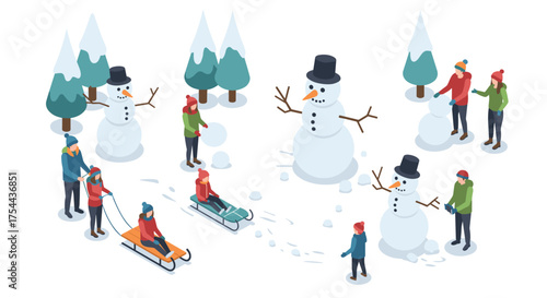 Winter fun in isometric style: snowman building and sledding